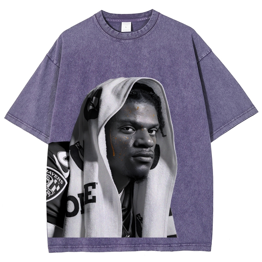 RAVENS Lamar Jackson Vintage Style Unisex-Adult Oversized Washed Cotton T-Shirt 