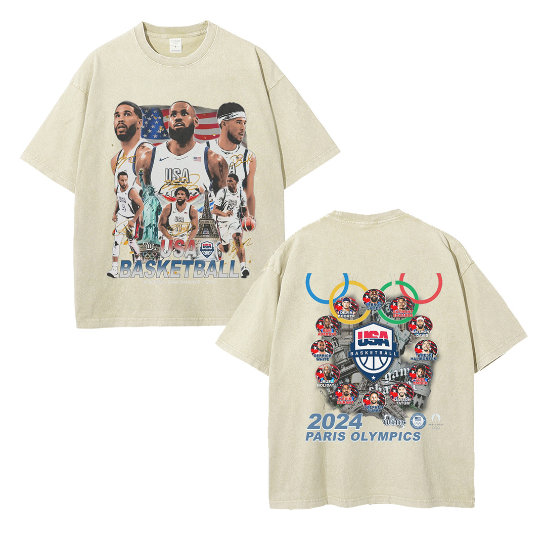 Unisex-Adult Ultra Cotton Washed T-Shirt Graphic 2024 USA BASKETBALL TEE