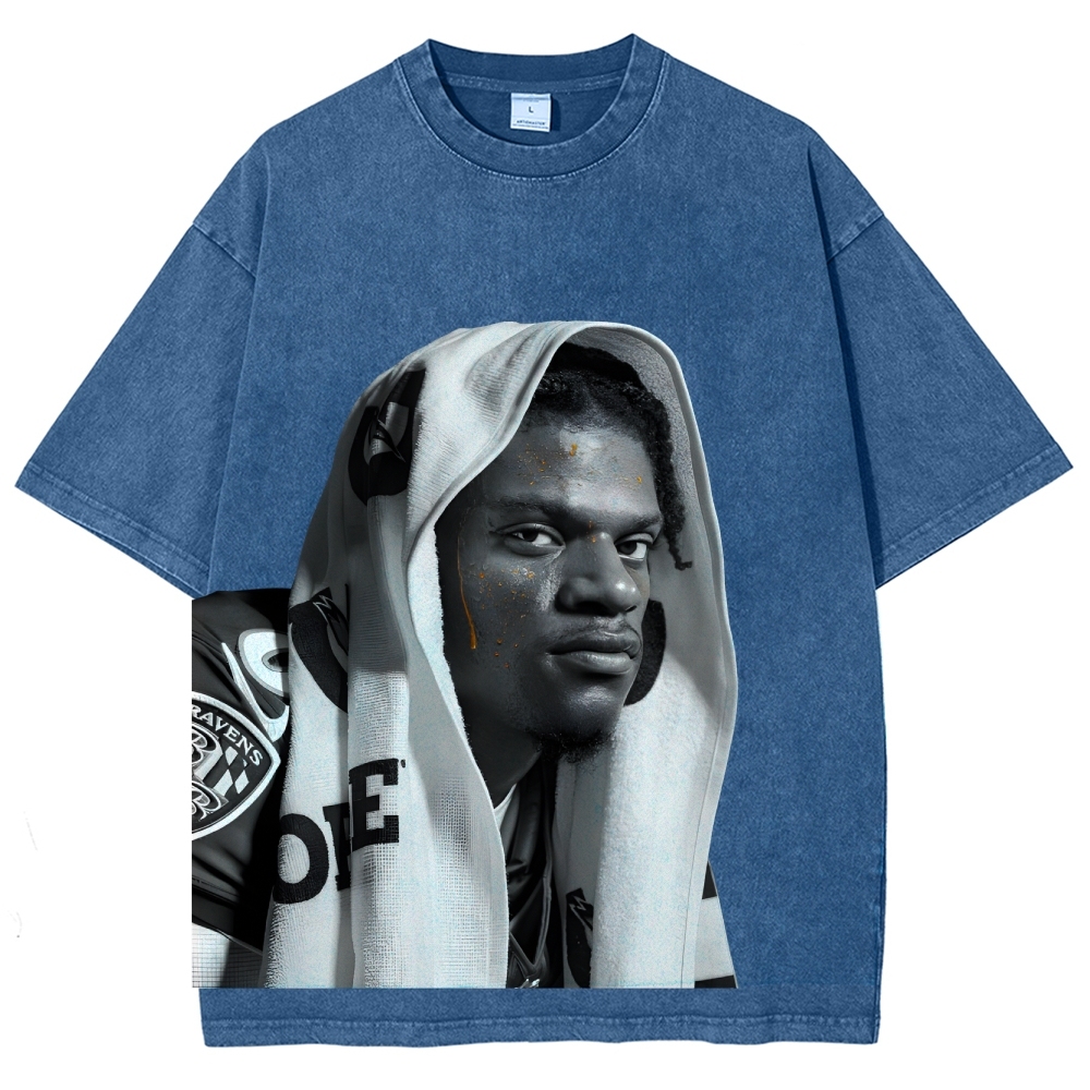 RAVENS Lamar Jackson Vintage Style Unisex-Adult Oversized Washed Cotton T-Shirt 