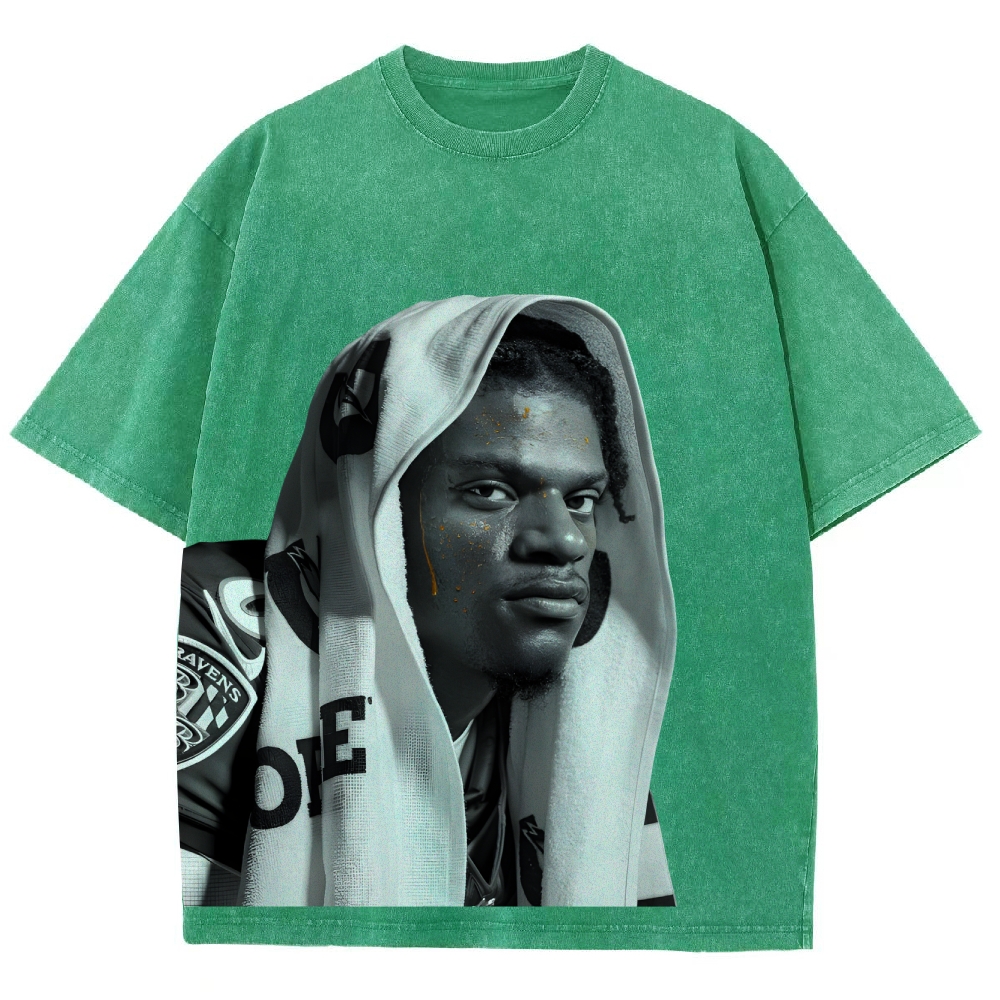 RAVENS Lamar Jackson Vintage Style Unisex-Adult Oversized Washed Cotton T-Shirt 