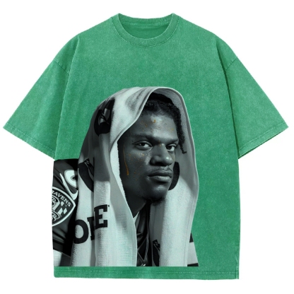 RAVENS Lamar Jackson Vintage Style Unisex-Adult Oversized Washed Cotton T-Shirt 