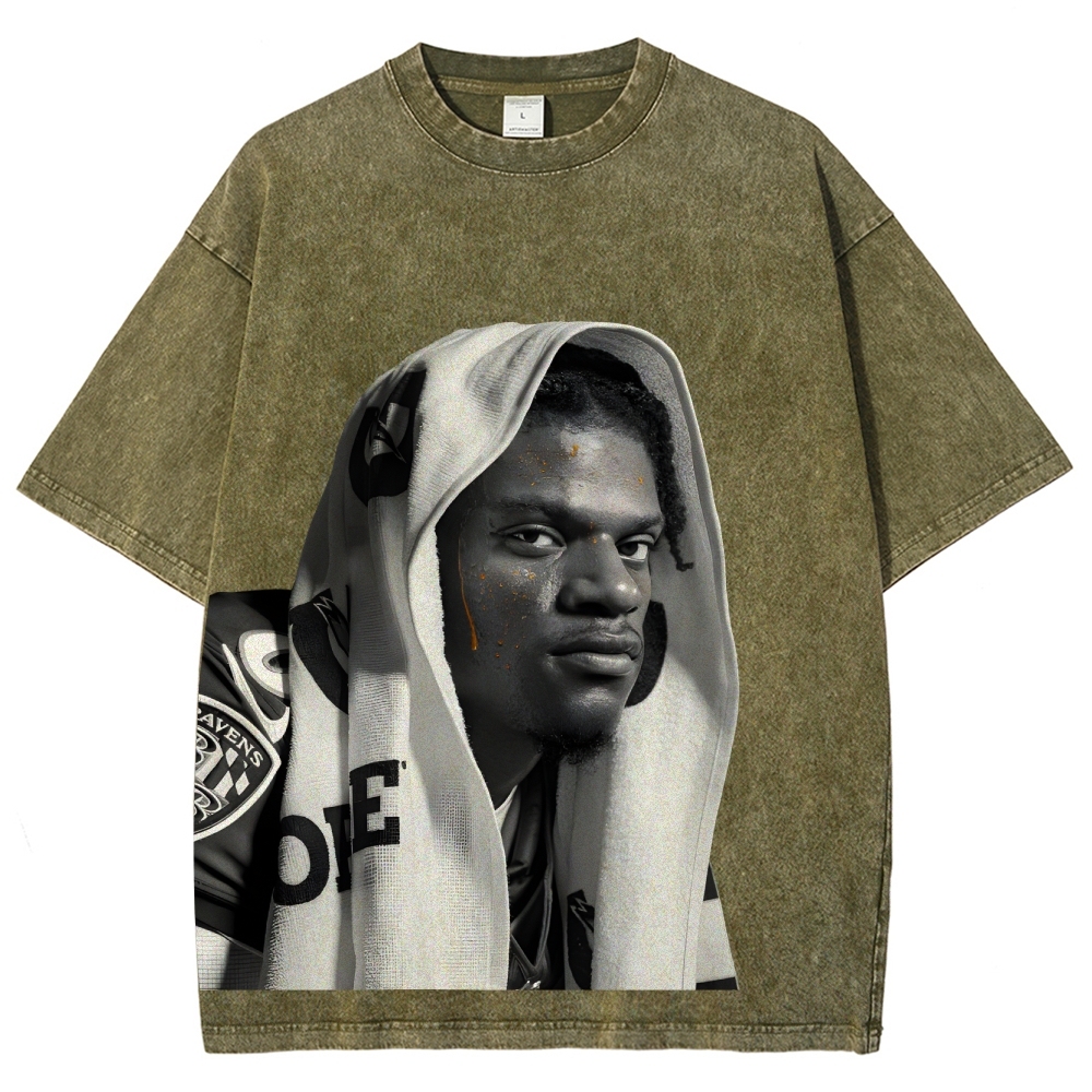 RAVENS Lamar Jackson Vintage Style Unisex-Adult Oversized Washed Cotton T-Shirt 