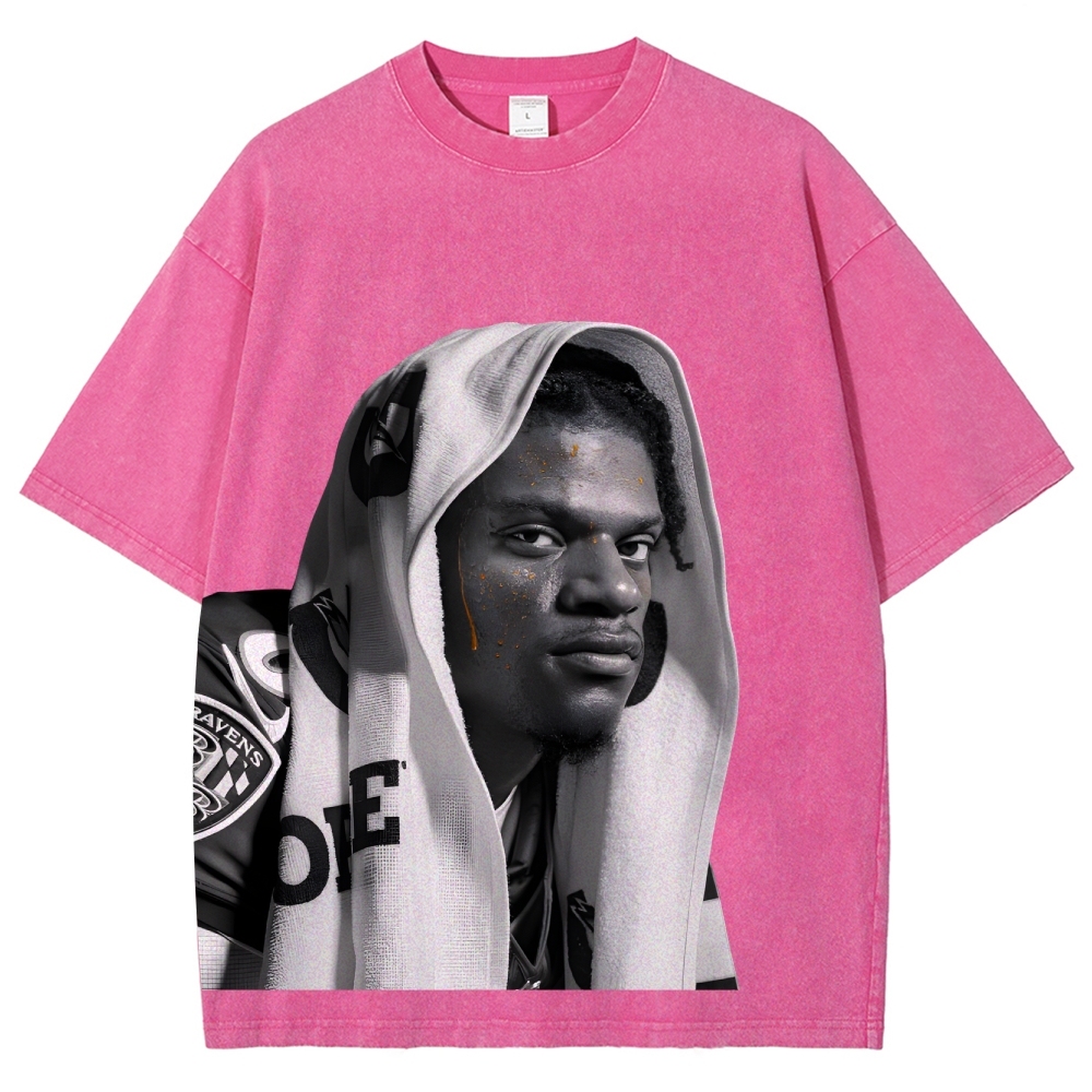 RAVENS Lamar Jackson Vintage Style Unisex-Adult Oversized Washed Cotton T-Shirt 