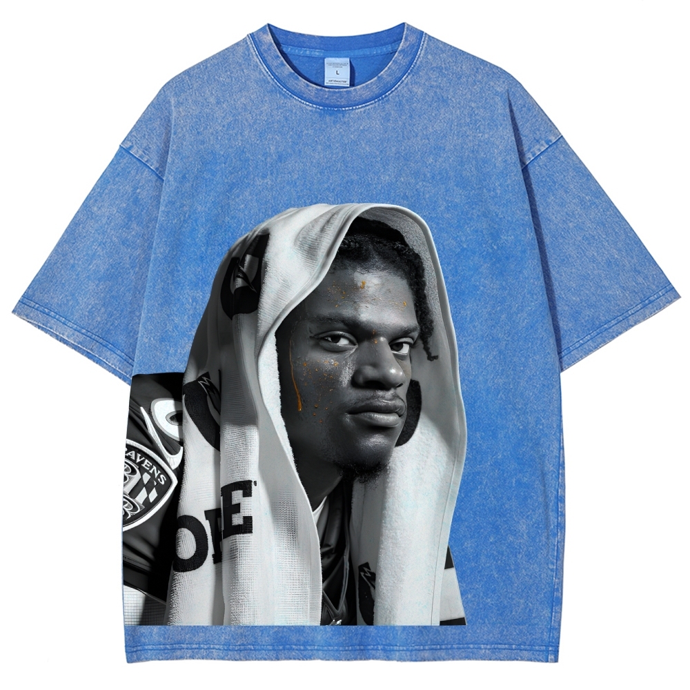 RAVENS Lamar Jackson Vintage Style Unisex-Adult Oversized Washed Cotton T-Shirt 