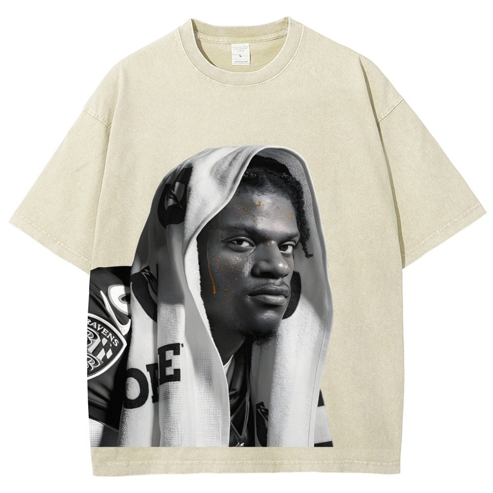 RAVENS Lamar Jackson Vintage Style Unisex-Adult Oversized Washed Cotton T-Shirt 