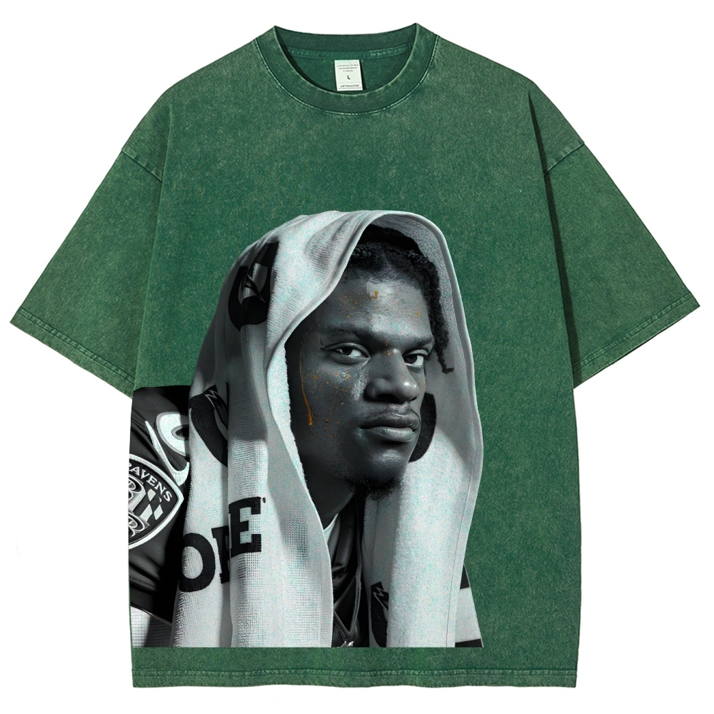 RAVENS Lamar Jackson Vintage Style Unisex-Adult Oversized Washed Cotton T-Shirt 