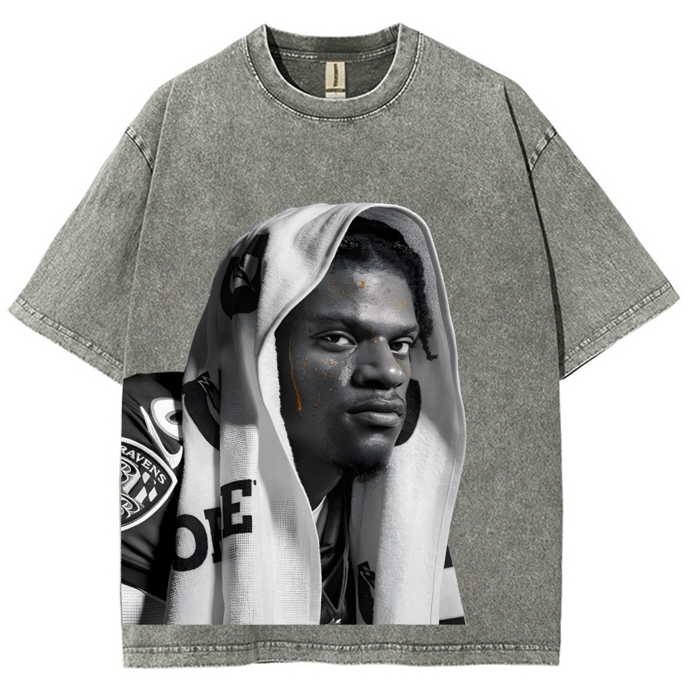 RAVENS Lamar Jackson Vintage Style Unisex-Adult Oversized Washed Cotton T-Shirt 