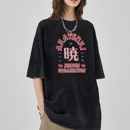 Vintage Unisex-Adult Oversized Washed T-Shirt Graphic Naruto Akatsuki Shinobi T-Shirt
