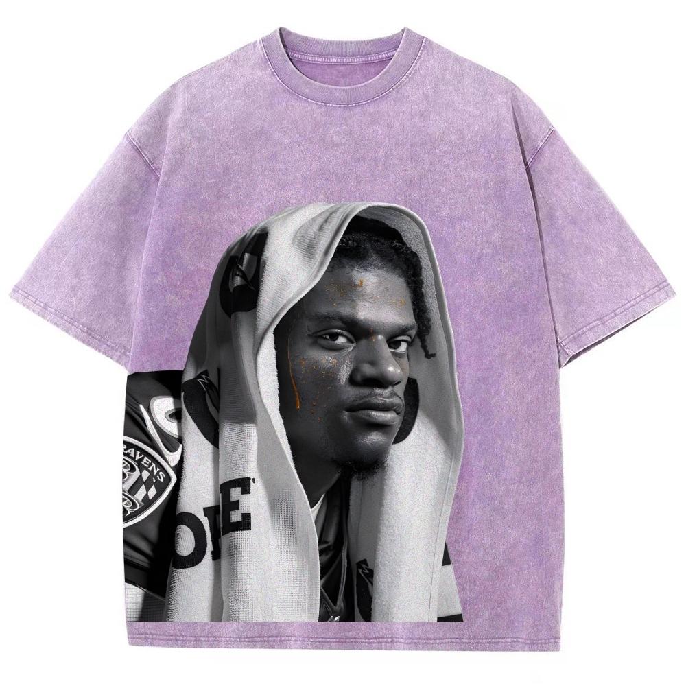 RAVENS Lamar Jackson Vintage Style Unisex-Adult Oversized Washed Cotton T-Shirt 