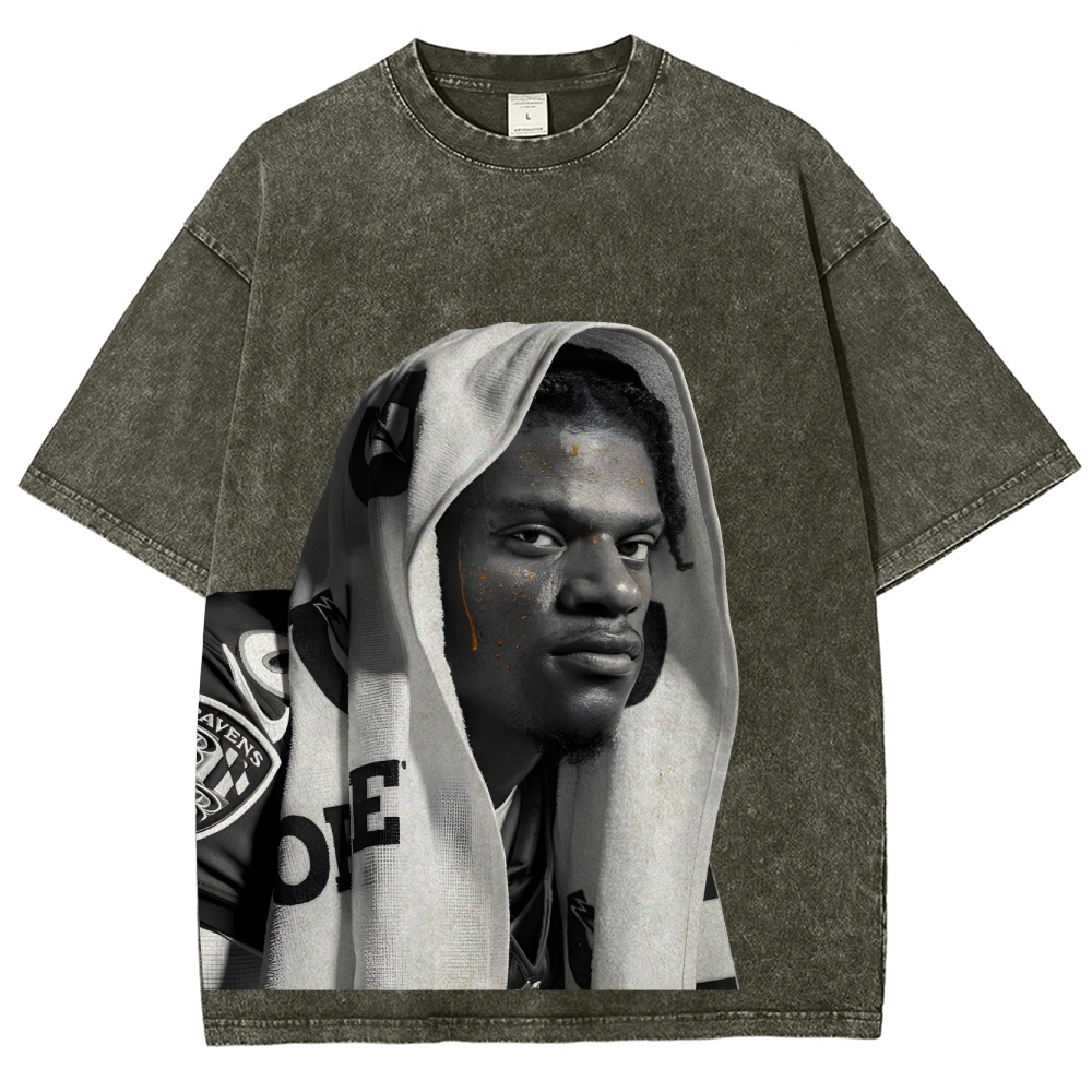 RAVENS Lamar Jackson Vintage Style Unisex-Adult Oversized Washed Cotton T-Shirt 