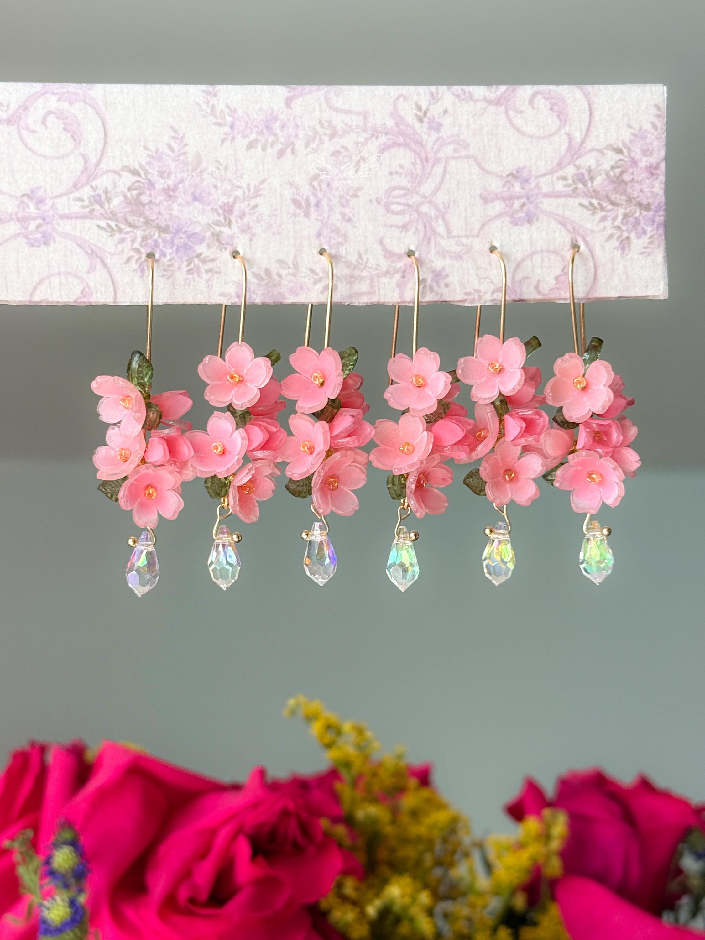 Handmade Cherry Blossom Earrings - Shrink Plastic Flowers with Crystal Drops