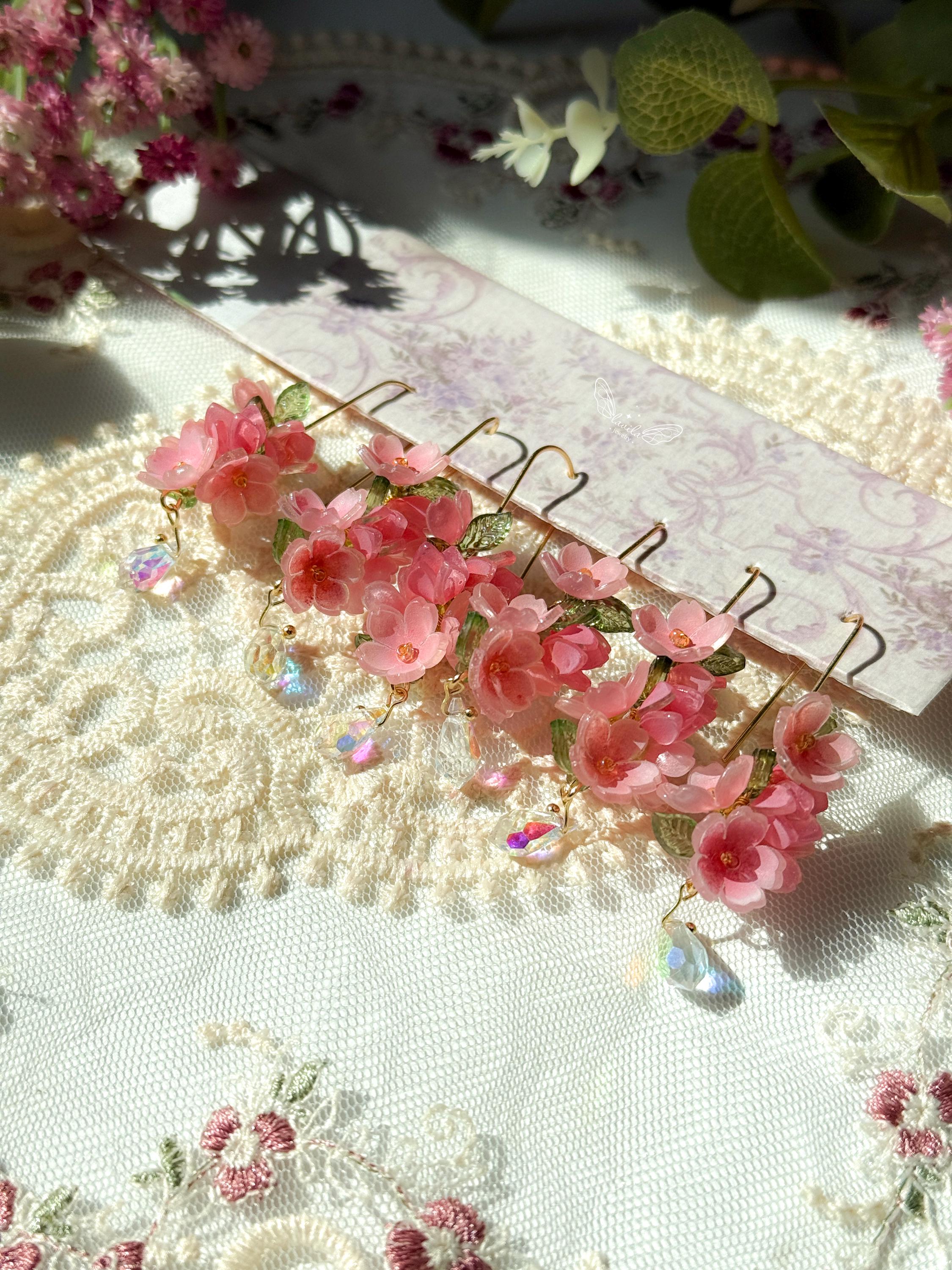 Handmade Cherry Blossom Earrings - Shrink Plastic Flowers with Crystal Drops