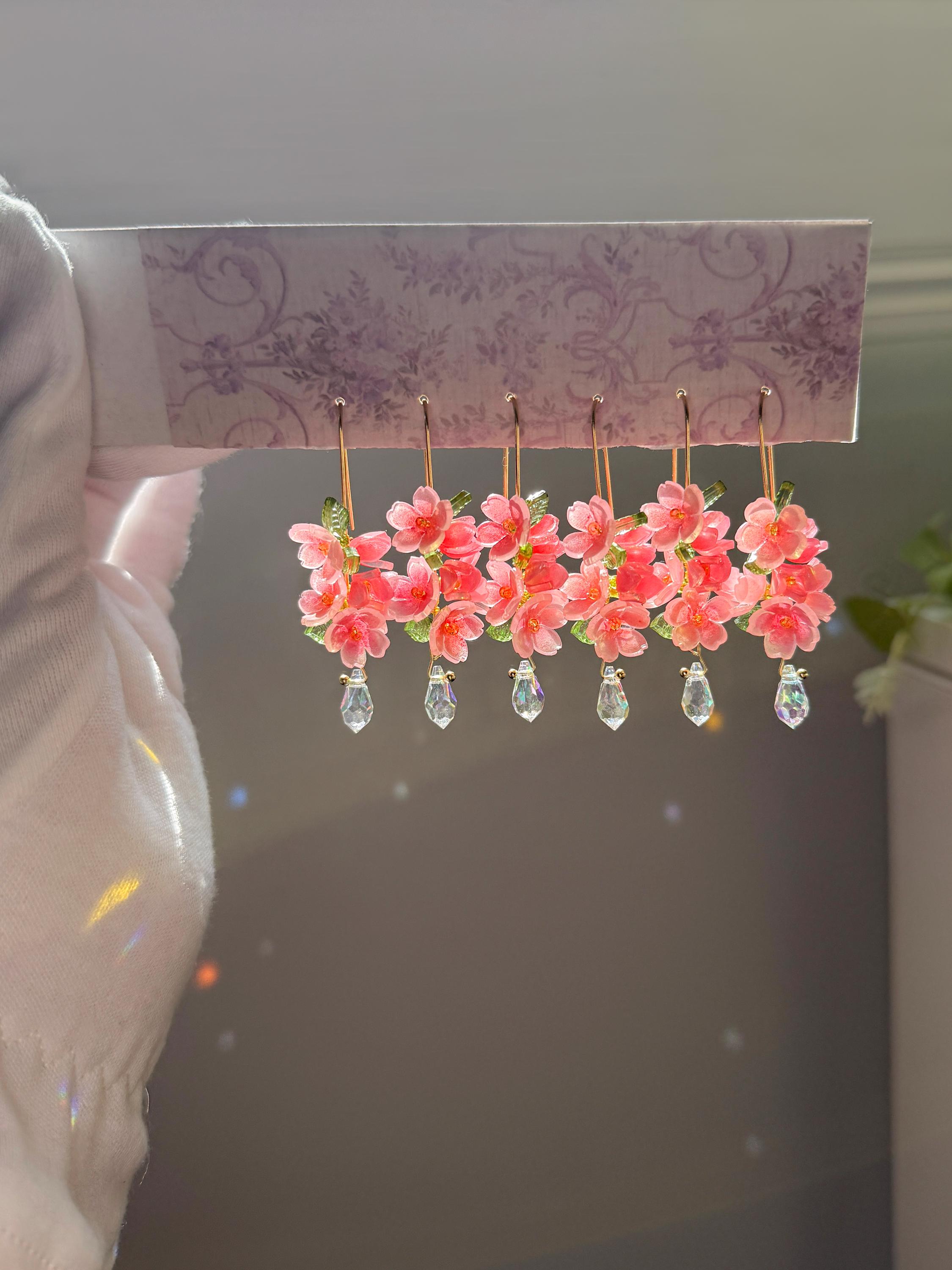 Handmade Cherry Blossom Earrings - Shrink Plastic Flowers with Crystal Drops