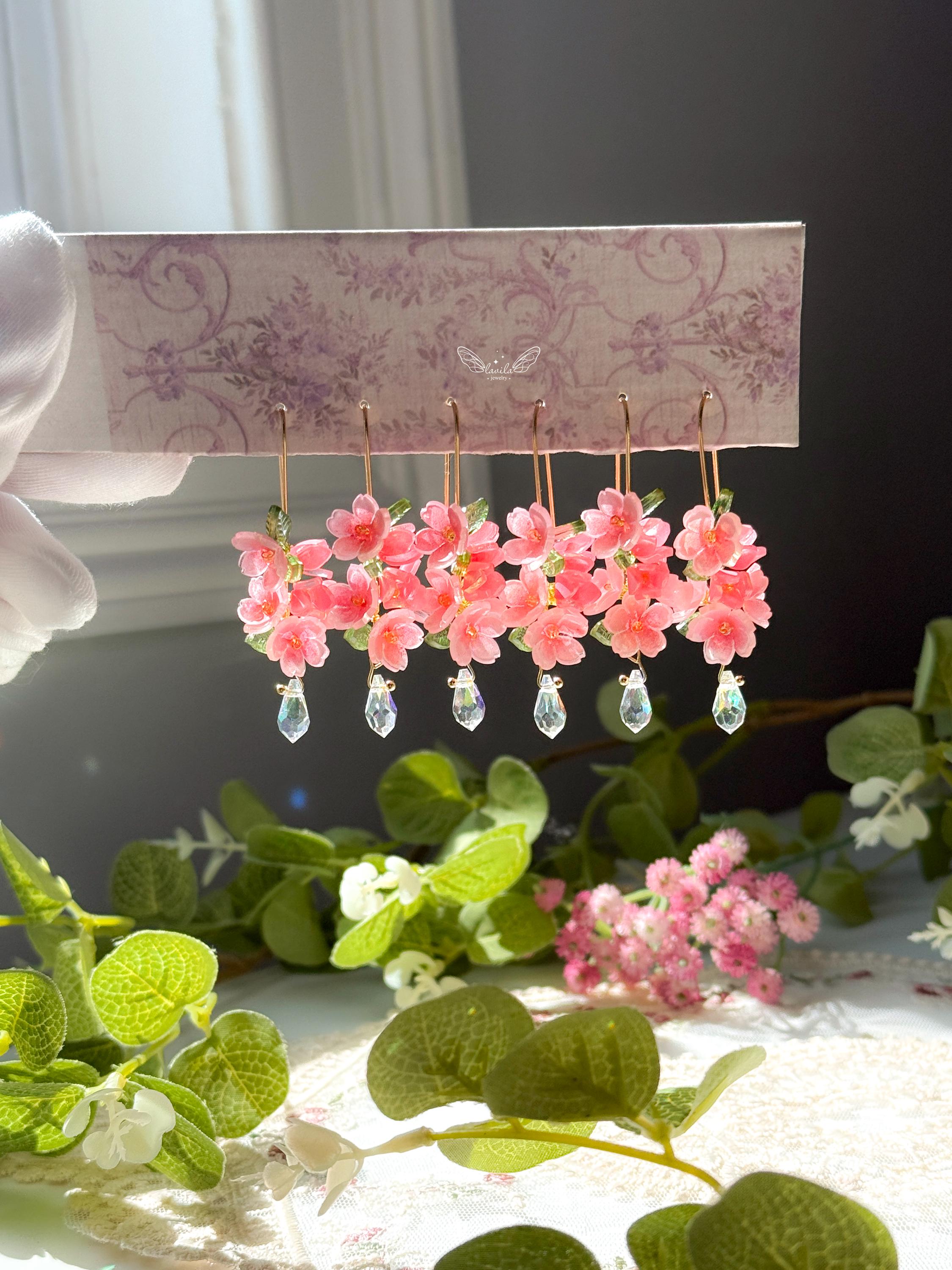 Handmade Cherry Blossom Earrings - Shrink Plastic Flowers with Crystal Drops