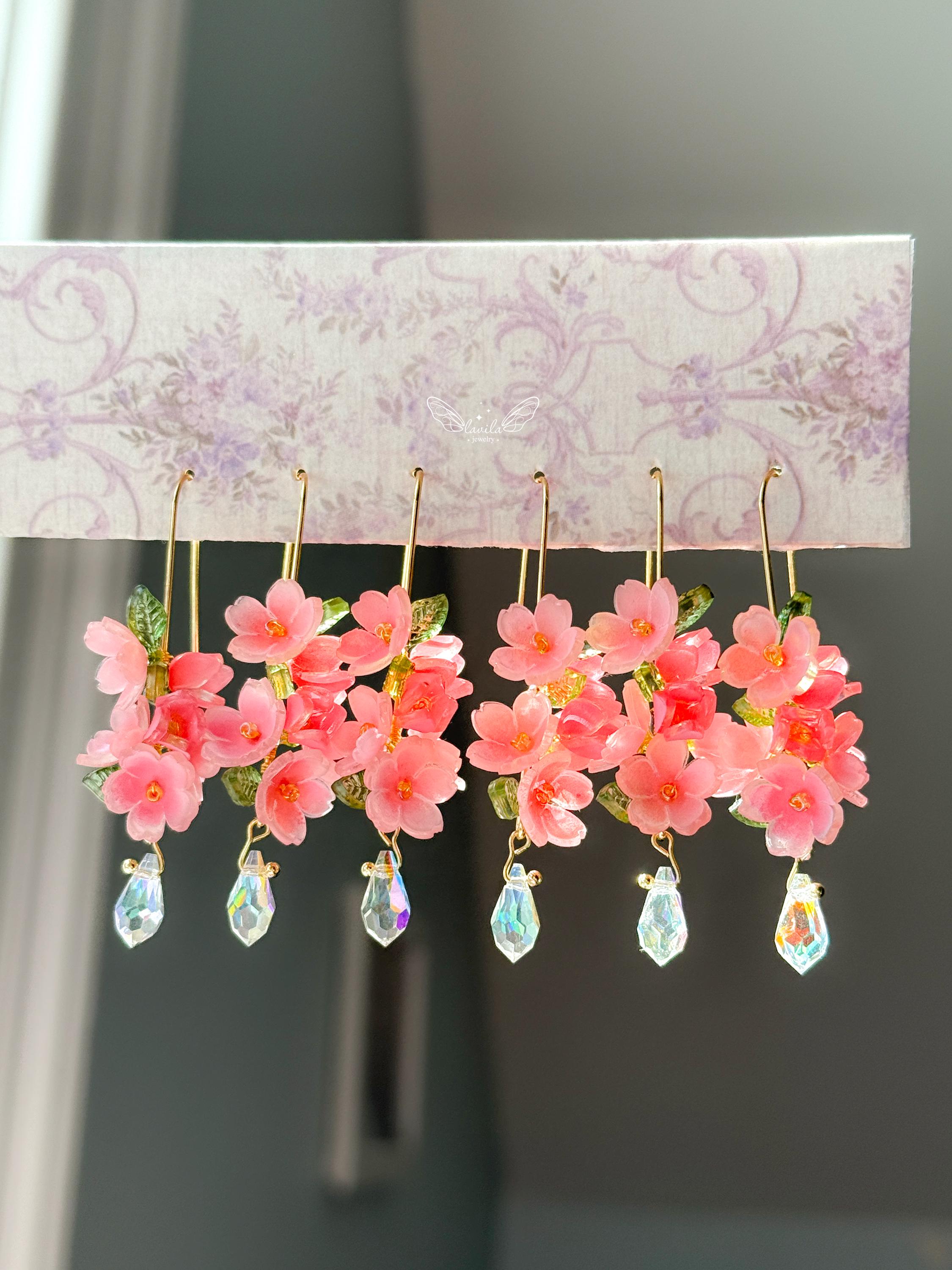 Handmade Cherry Blossom Earrings - Shrink Plastic Flowers with Crystal Drops