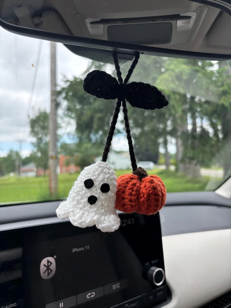 Handmade Crochet Ghost and pumpkin Car charm