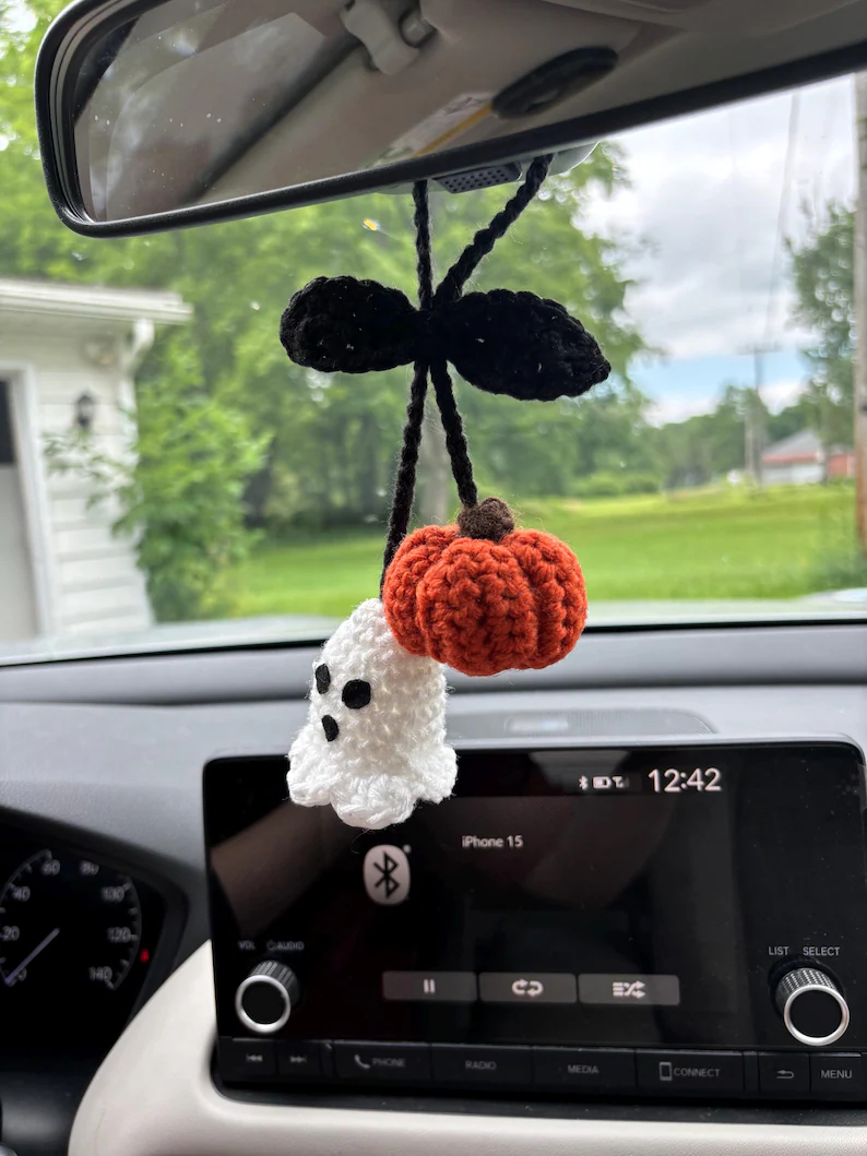 Handmade Crochet Ghost and pumpkin Car charm