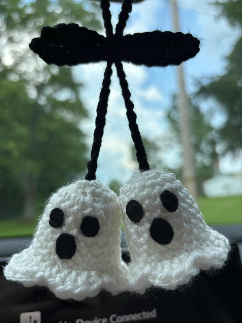 Handmade Crochet Ghost and pumpkin Car charm