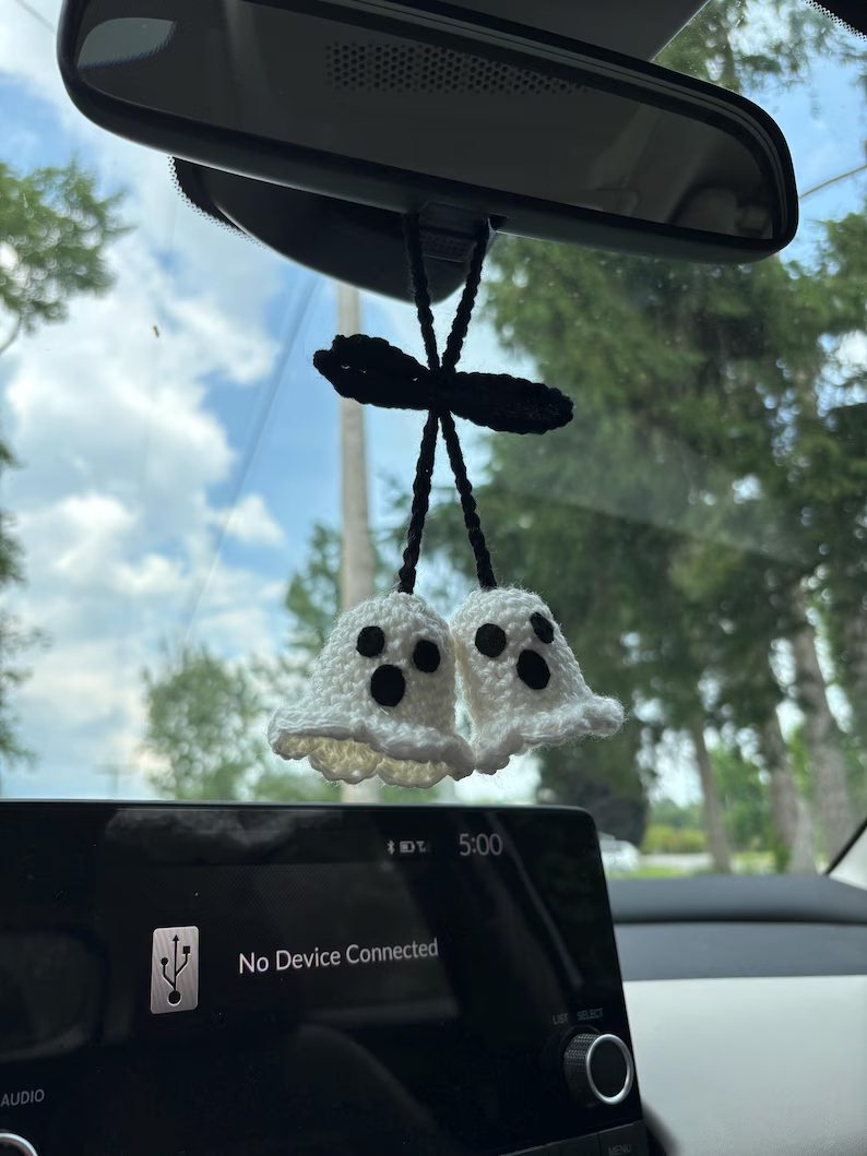 Handmade Crochet Ghost and pumpkin Car charm