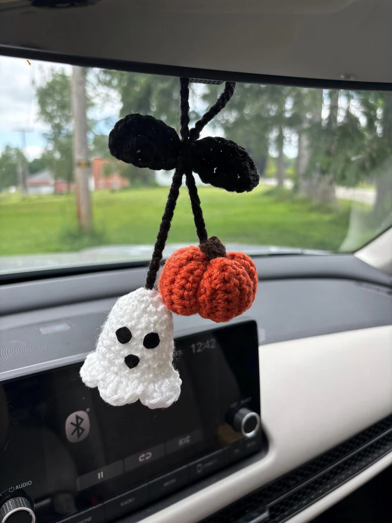 Handmade Crochet Ghost and pumpkin Car charm