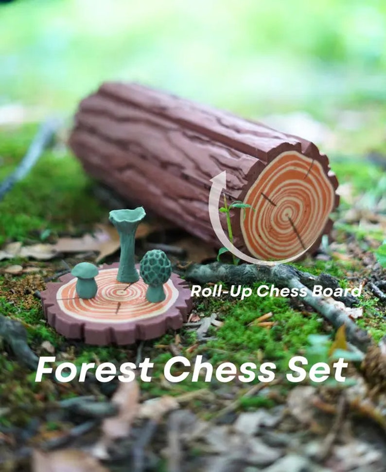 Roll-Up Forest Chess Set - Log & Mushroom Checkers Board Coasters