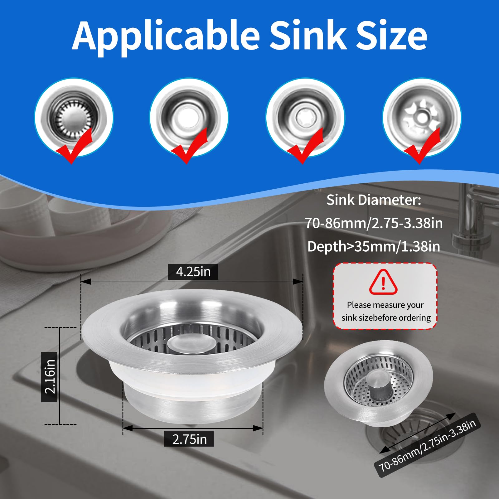 Upgraded 3 in 1 Stainless Steel Sink Strainer