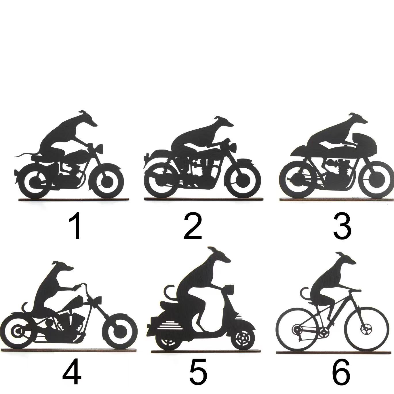 Whippet Greyhound riding a motorbike scooter or bicycle silhouette ornament