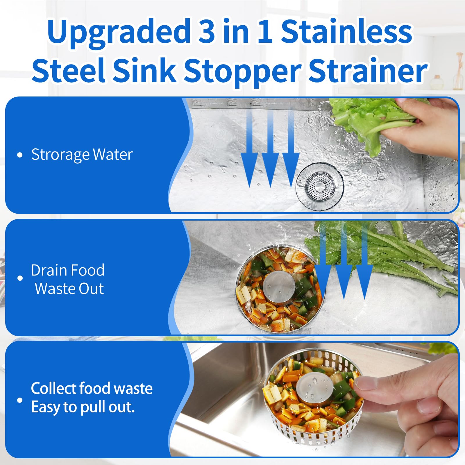 Upgraded 3 in 1 Stainless Steel Sink Strainer