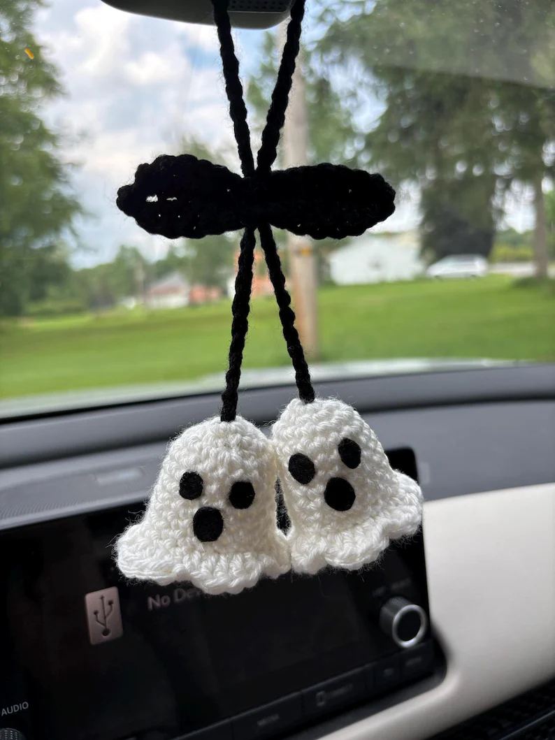 Handmade Crochet Ghost and pumpkin Car charm