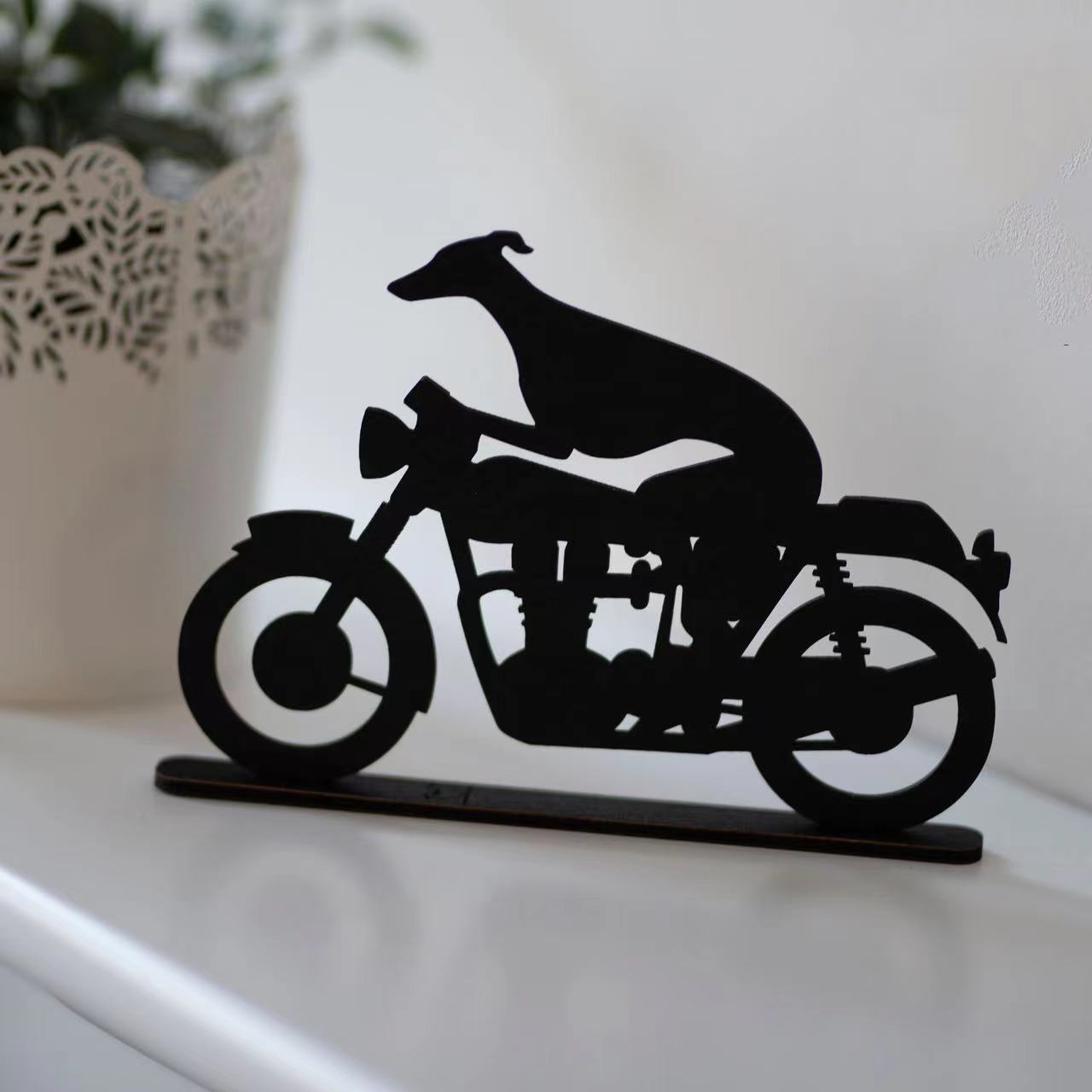 Whippet Greyhound riding a motorbike scooter or bicycle silhouette ornament