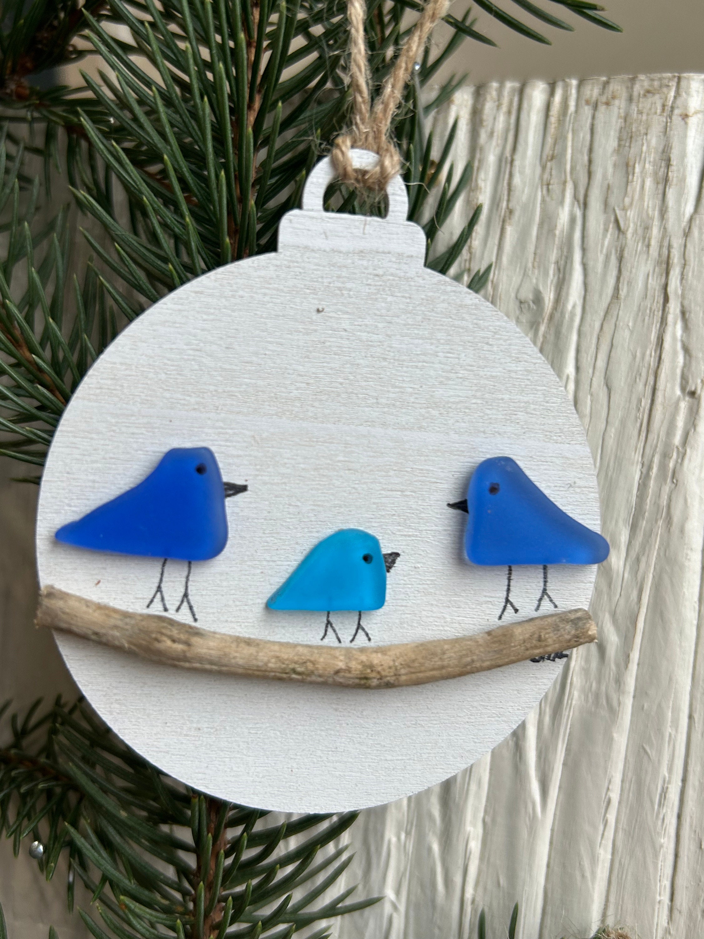 Handmade Family of Sea Glass Birds Christmas Ornamentš