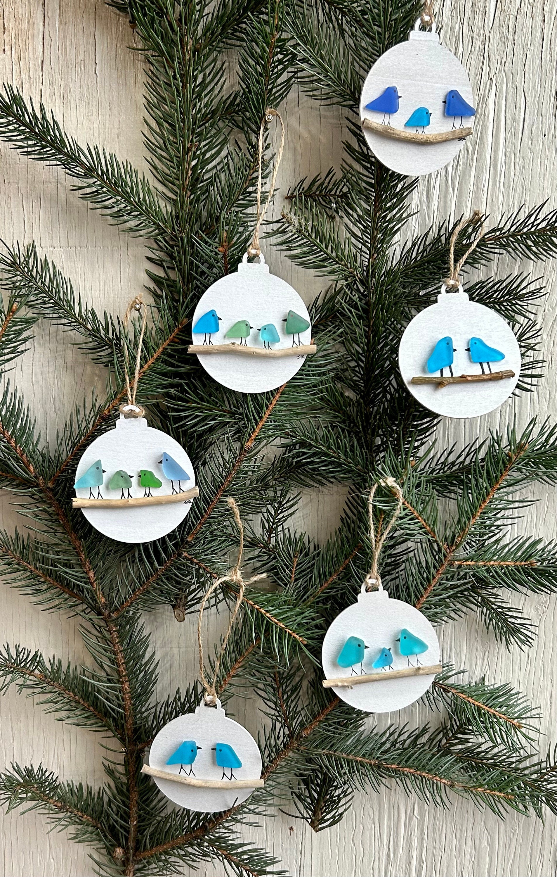 Handmade Family of Sea Glass Birds Christmas Ornamentš