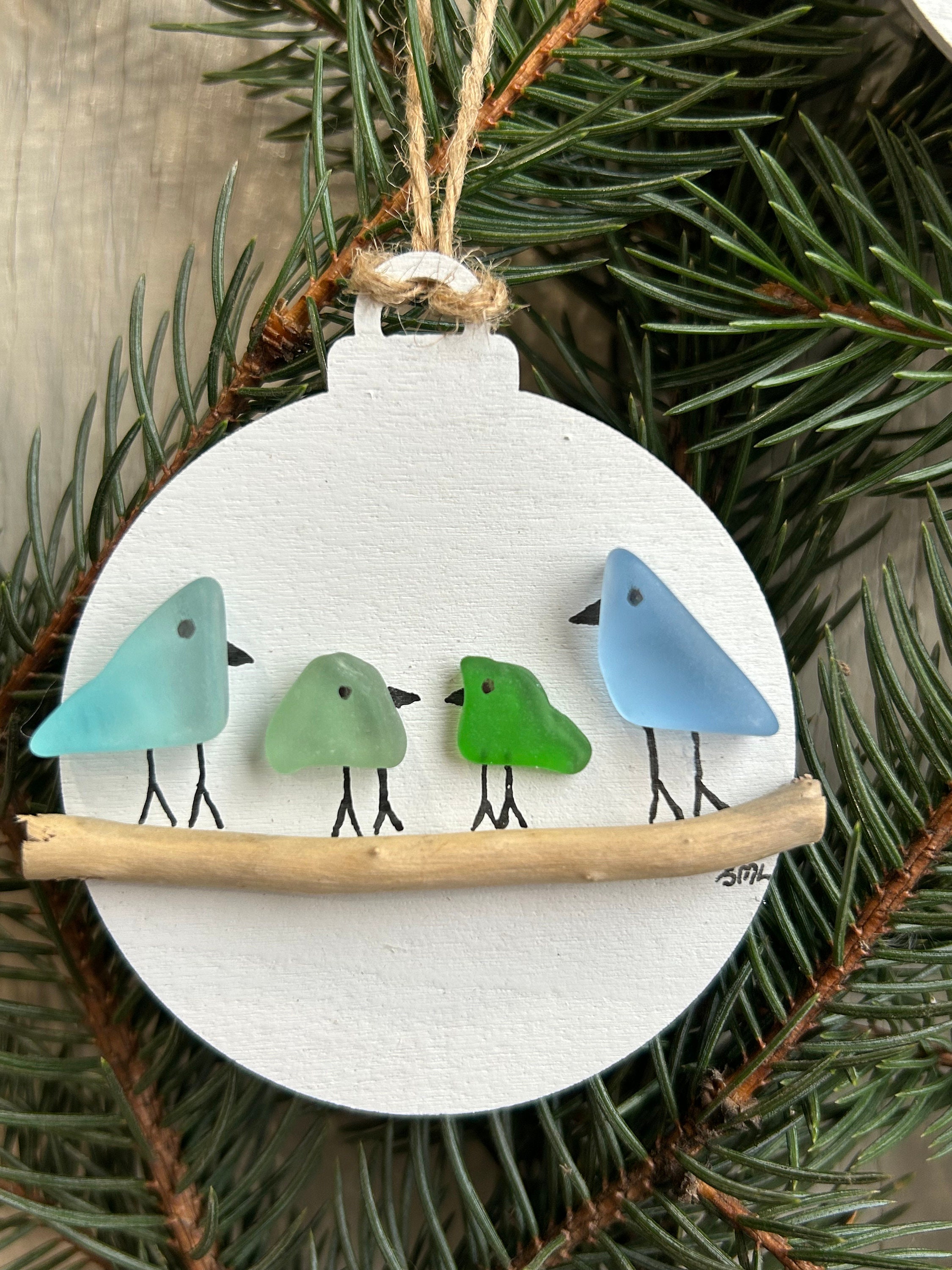 Handmade Family of Sea Glass Birds Christmas Ornamentš