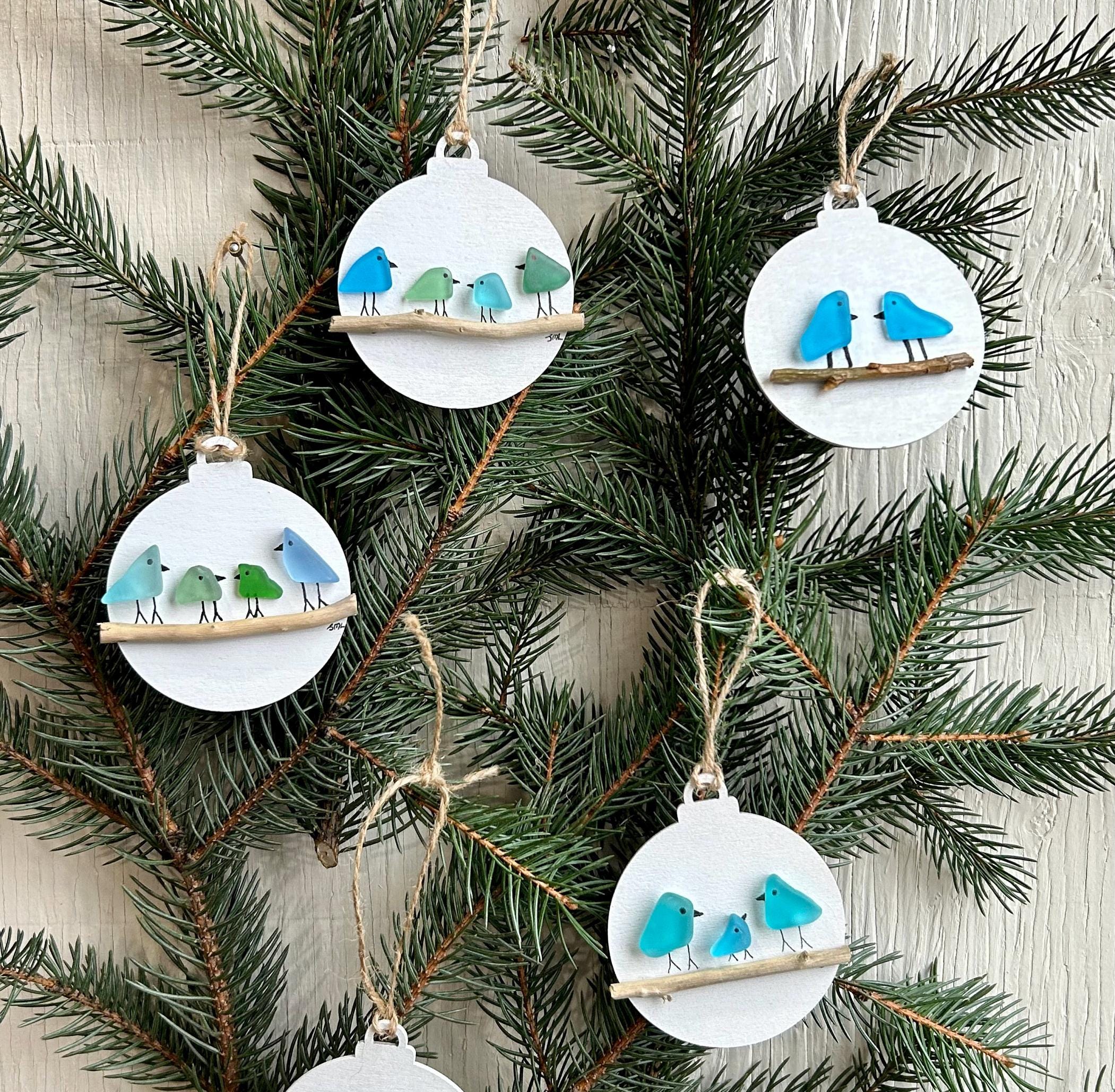 Handmade Family of Sea Glass Birds Christmas Ornamentš