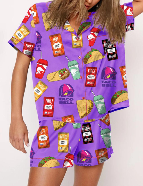 Taco Bell Pajama Set Print Comfy Satin Sleepwear