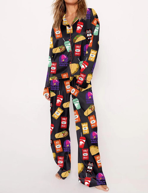 Taco Bell Pajama Set Print Comfy Satin Sleepwear