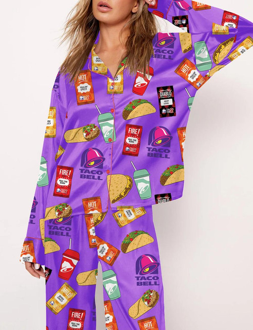 Taco Bell Pajama Set Print Comfy Satin Sleepwear