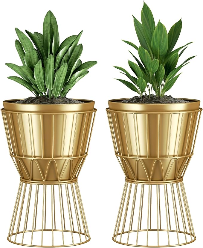 Planter with Stand Gold Metal Plant Pot with Stand - 12 Inch Unique Modern Flower Pots Indoor with Gold Plant Stand with Drainage, 2 Pack