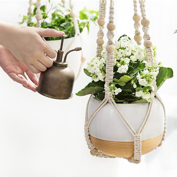 Plant Hanger Indoor Hanging Planter Basket with Wood Beads Decorative Flower Pot Holder No Tassels for Indoor Outdoor Boho Home Decor 35 Inch, Ivory, Set of 2