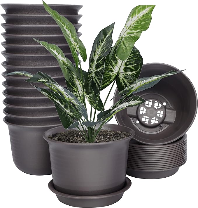 SAND MINE 15 Pack Plant Pots, 6 inches Plastic Pots for Plants, Plastic Planter, Flower Pot with Drainage Hole and Tray, Plants Not Included