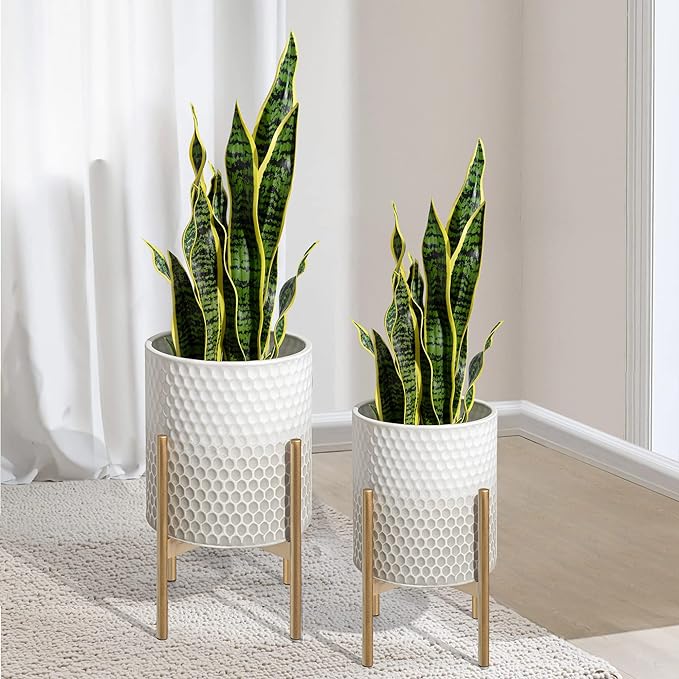 Mid Century Metal Planters, Modern Decorative Planters for Indoor Plants,8 & 10 inch Planter Pots with Plant Stand Suitable for Living Room, Bedroom, Kitchen, Garden, Balcony