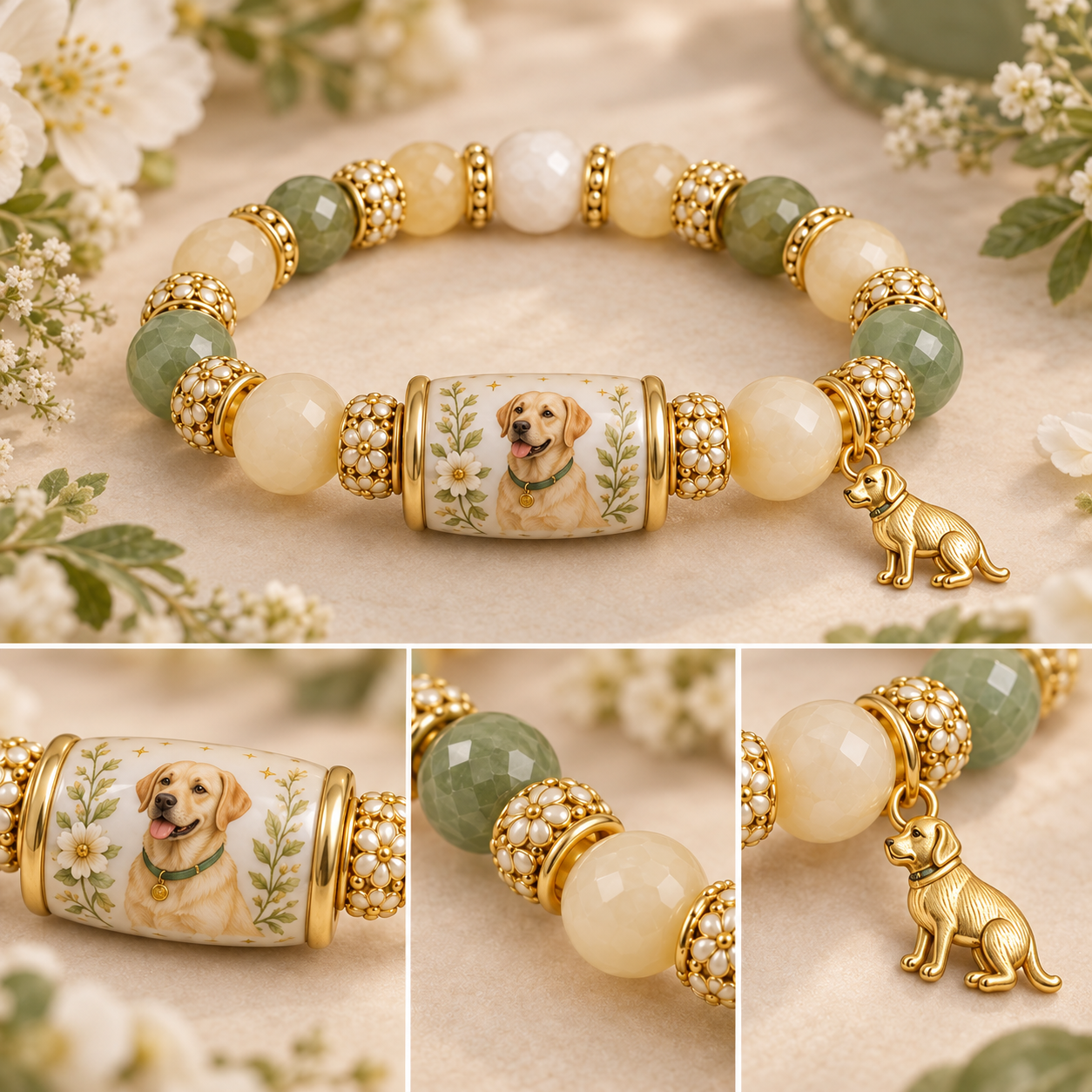 Floral artwork and decorative details on a dog-inspired bracelet