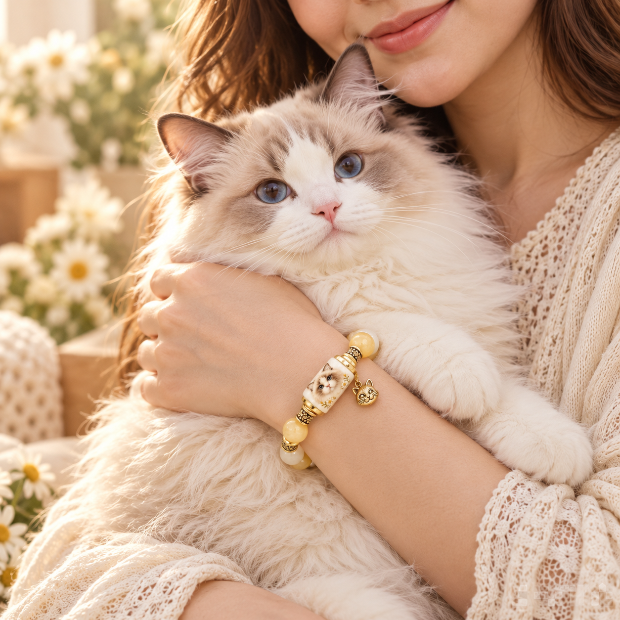 Woman wearing the Cat Garden bracelet while holding a blue-eyed Ragdoll cat