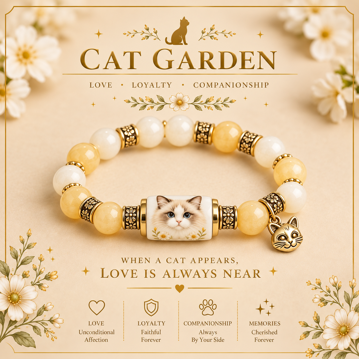 Cat Garden Ragdoll bracelet with yellow and cream beads, daisy details, and a gold-tone cat charm