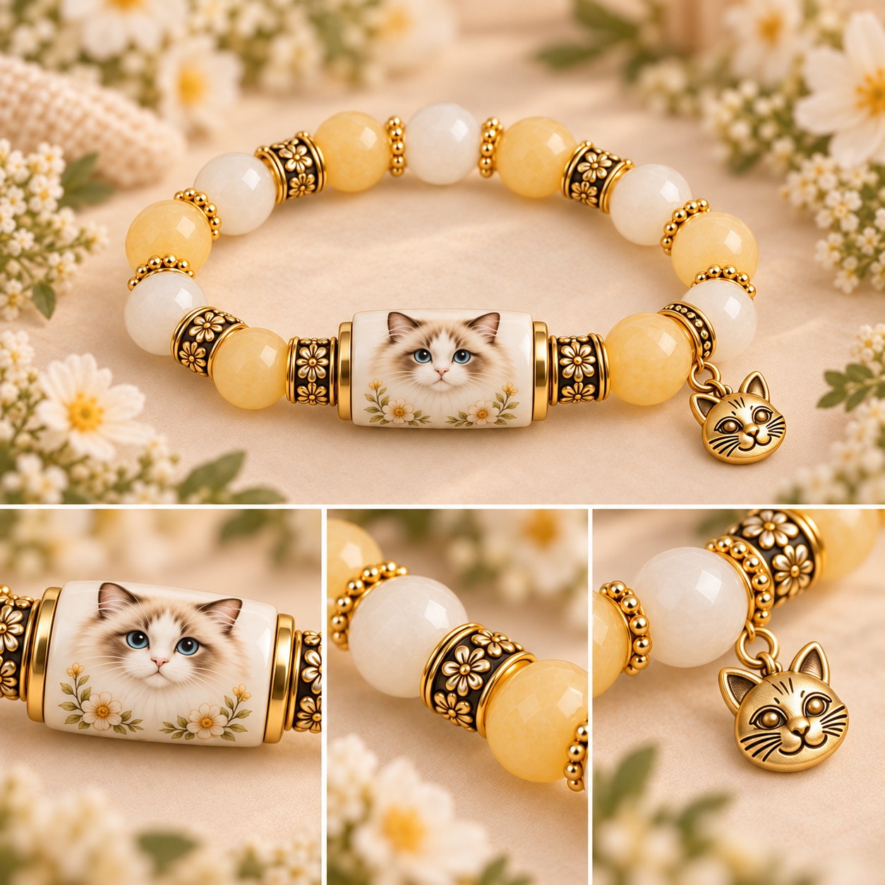 Close-up details of the Ragdoll centerpiece, faceted beads, floral spacers, and cat-face charm