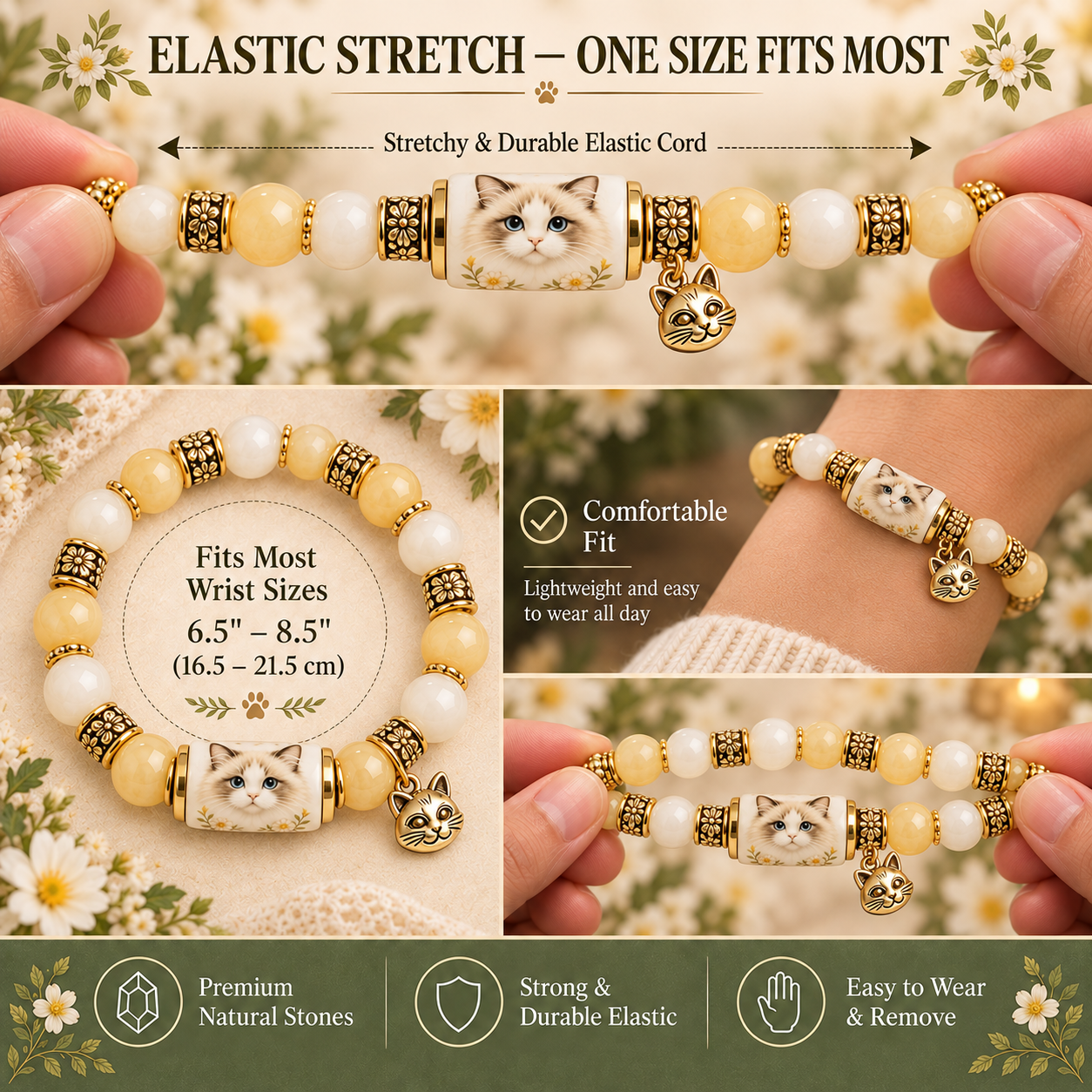 Elastic stretch bracelet showing an approximate wrist fit of 6.5 to 8.5 inches, or 16.5 to 21.5 centimeters