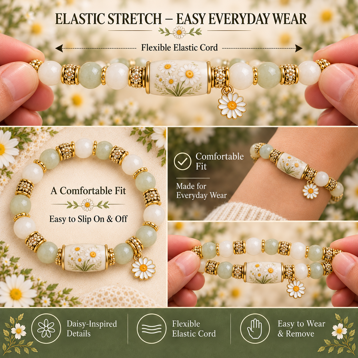 Birth flower bracelet stretch and fit illustration