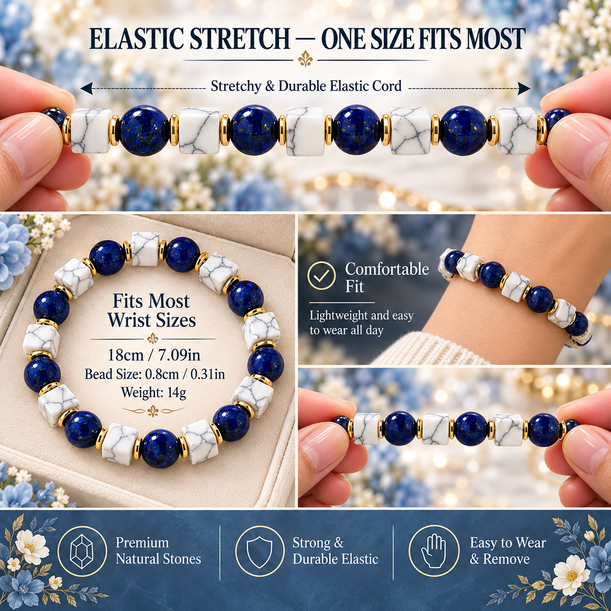 Elastic bracelet fit guide showing approximately 18 cm bracelet size, 8 mm beads, and 14 g weight