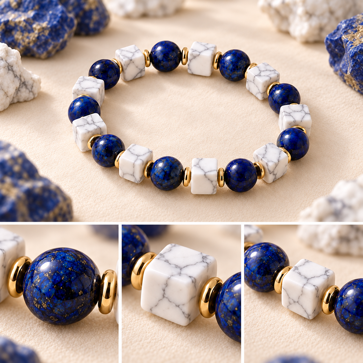 Details of lapis lazuli beads, white howlite cubes, and gold-tone spacers