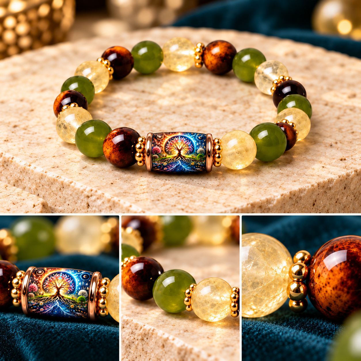 Symbolic bracelet centerpiece, beads, and decorative accent details
